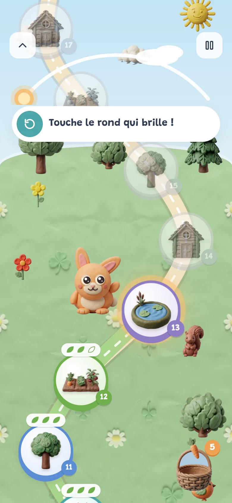 Le chemin des niveaux dans le jeu Pico : des ronds illustrés le long d'une route qui monte dans un jardin