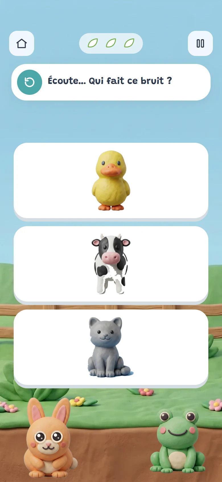Un jeu d'écoute : la question « Écoute, qui fait ce bruit ? » et trois animaux en pâte à modeler à choisir
