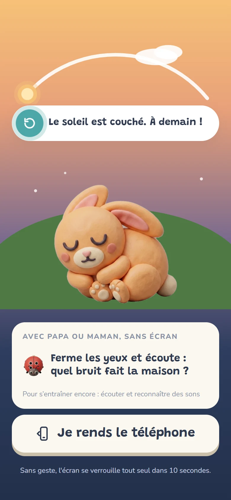 La fin de la séance : le soleil couché, Pico endormi, et une chose à faire avec papa ou maman sans écran