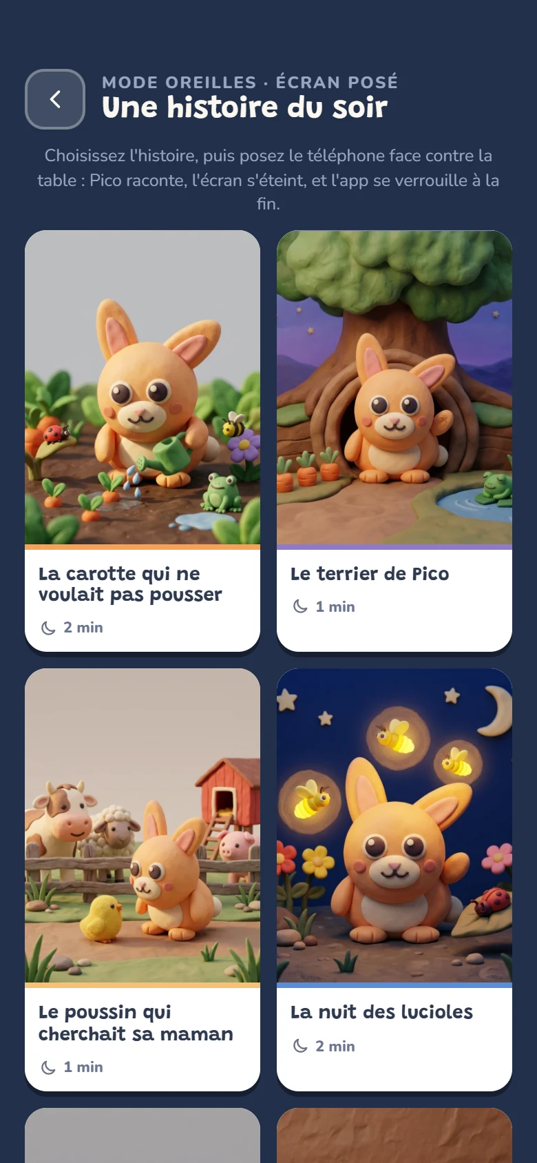 La bibliothèque du soir : huit histoires avec leur couverture illustrée et leur durée