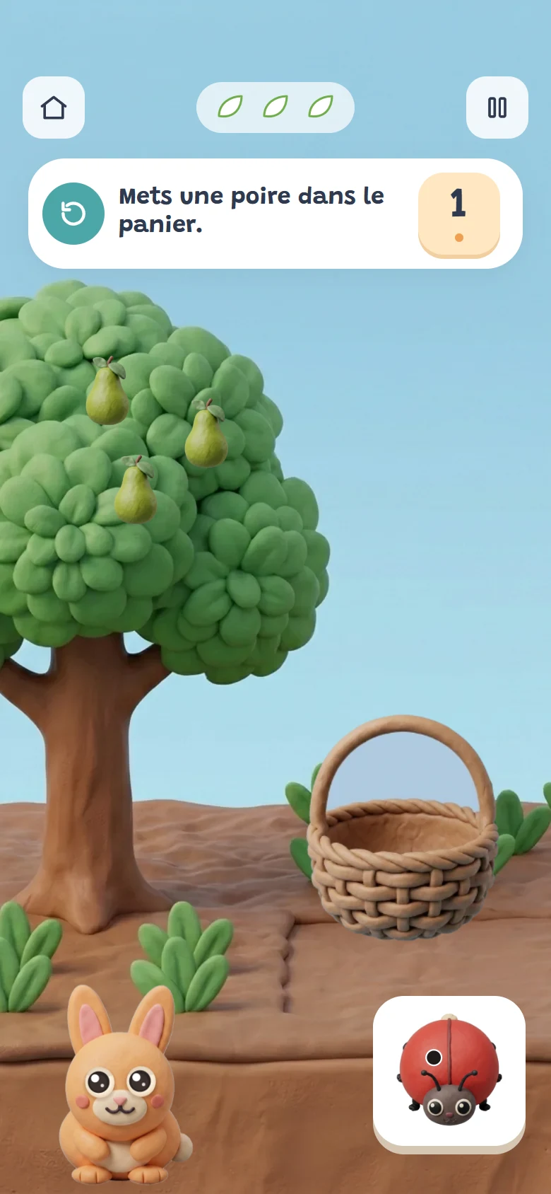 Un niveau à glisser : « Mets une pomme dans le panier », un pommier et un panier en pâte à modeler