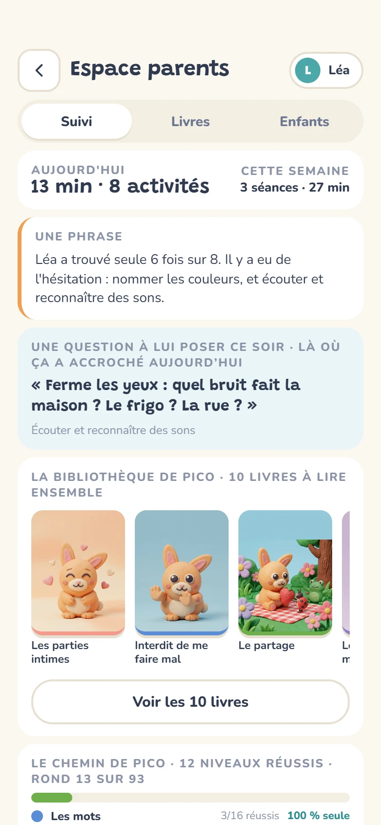 L'espace parents : le temps de la journée, une phrase de résumé, une question à poser le soir et la bibliothèque